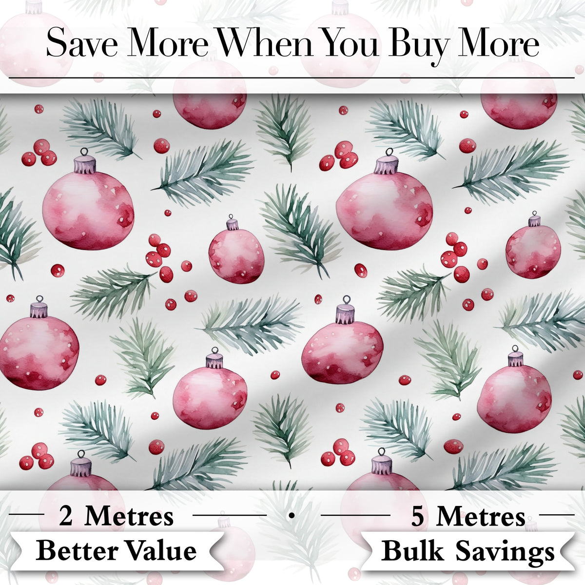 Watercolor Pink Christmas Baubles Pine Branch Berries Seamless Pattern Digital Print Fabric by the Metre UK Sewing Quilting Textile