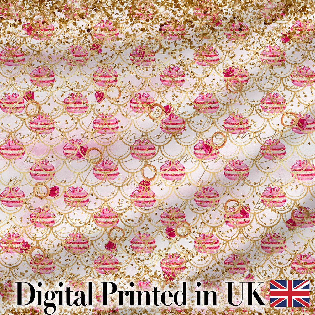 Luxury Gold Pink Christmas Ornaments Glitter Seamless Pattern Digital Print Fabric by the Metre UK Sewing Quilting Textile