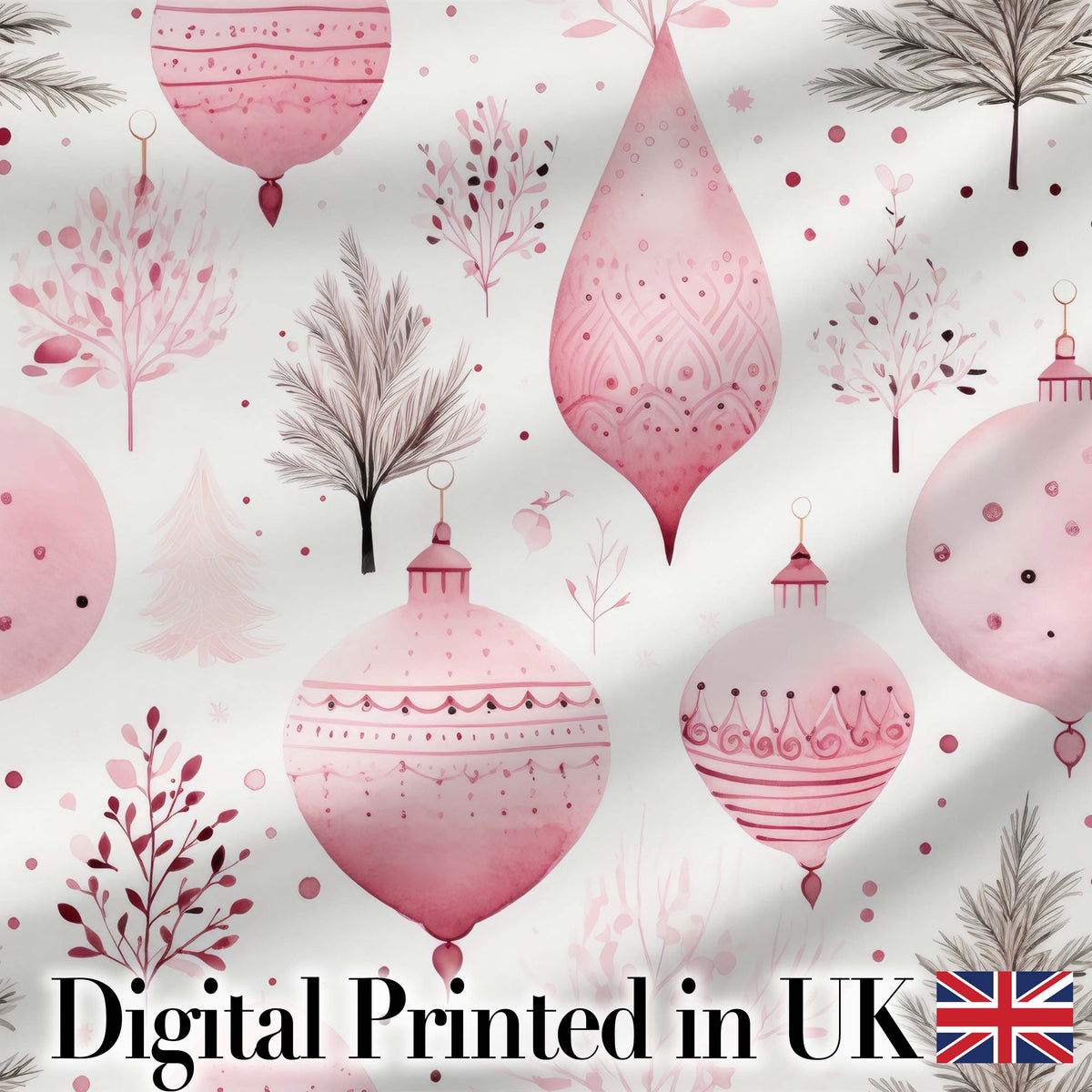 Soft Pink Christmas Baubles Botanical Seamless Pattern Digital Print Fabric by the Metre UK Sewing Quilting Textile