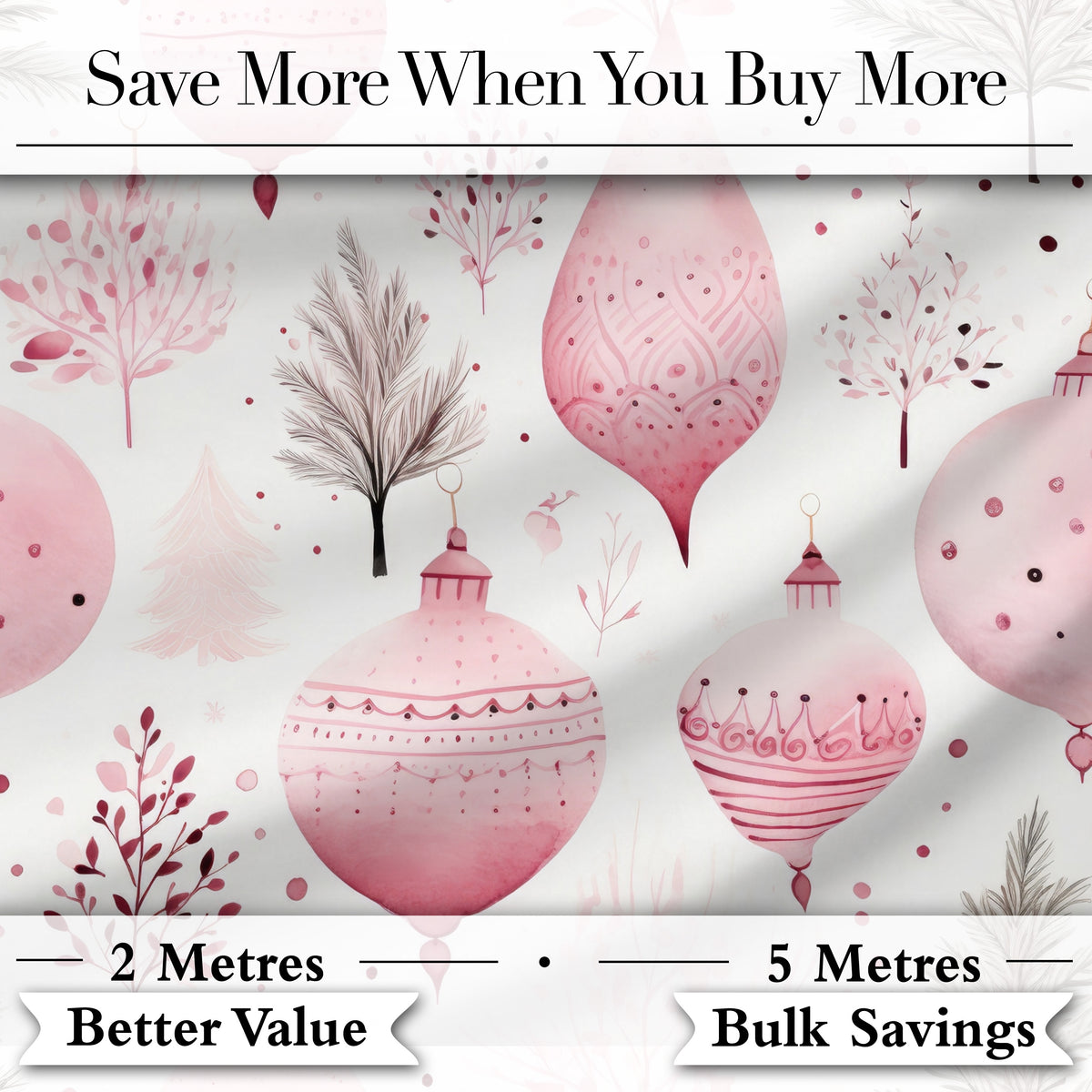 Soft Pink Christmas Baubles Botanical Seamless Pattern Digital Print Fabric by the Metre UK Sewing Quilting Textile
