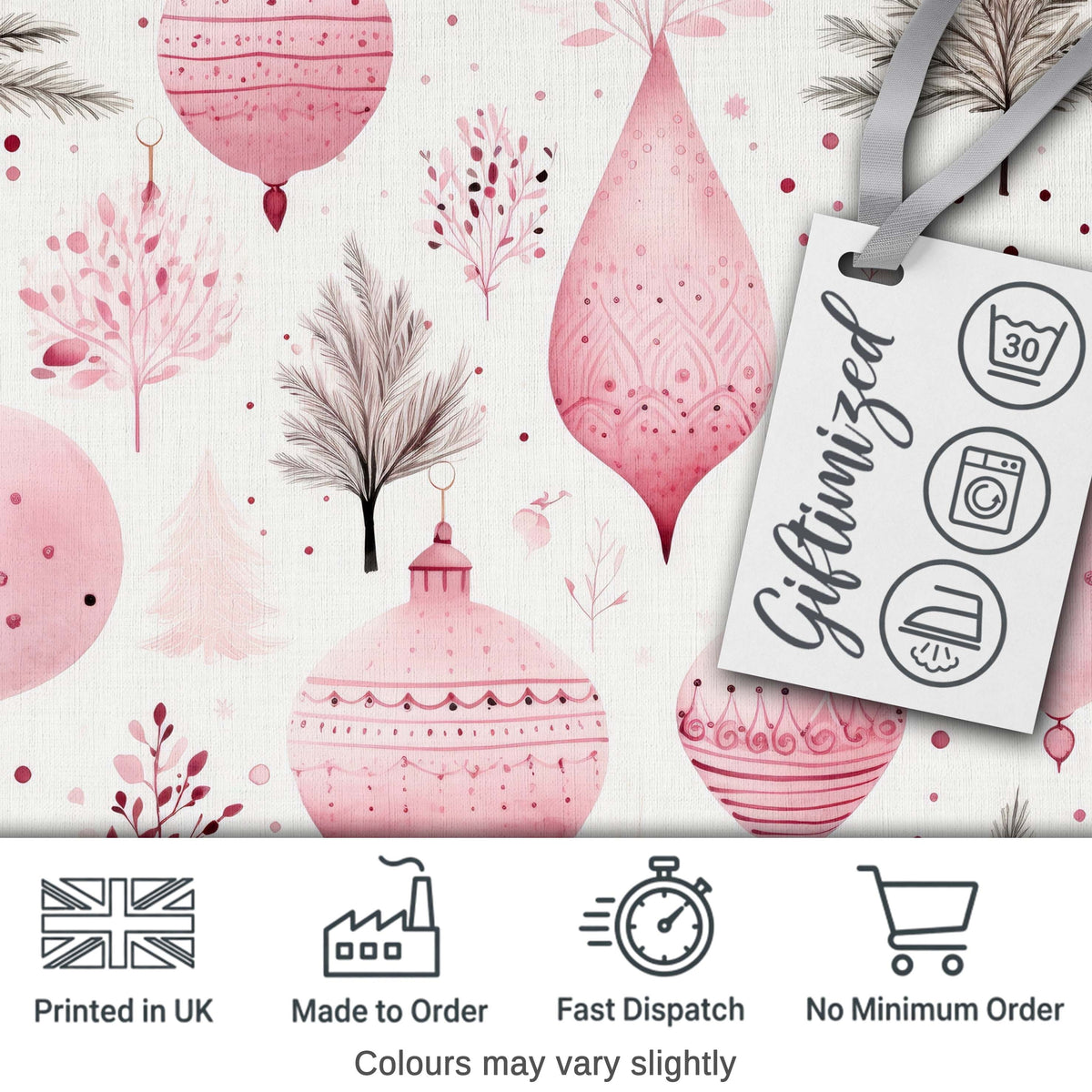 Soft Pink Christmas Baubles Botanical Seamless Pattern Digital Print Fabric by the Metre UK Sewing Quilting Textile