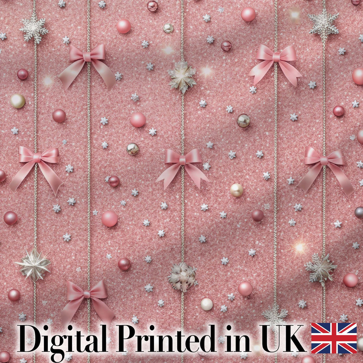 Elegant Pink Christmas Bows Glitter Sparkle Seamless Pattern Digital Print Fabric by the Metre UK Sewing Quilting Textile
