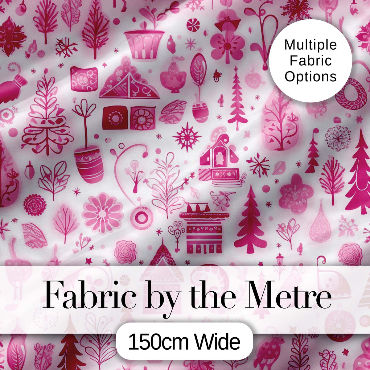Cute Pink Christmas Folk Art Seamless Pattern Digital Print Fabric by the Metre UK Sewing Quilting Textile