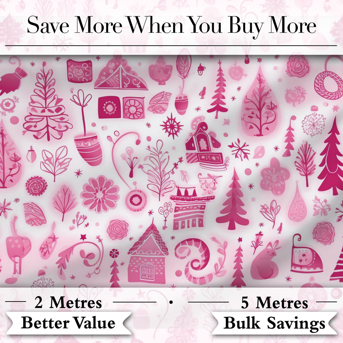 Cute Pink Christmas Folk Art Seamless Pattern Digital Print Fabric by the Metre UK Sewing Quilting Textile