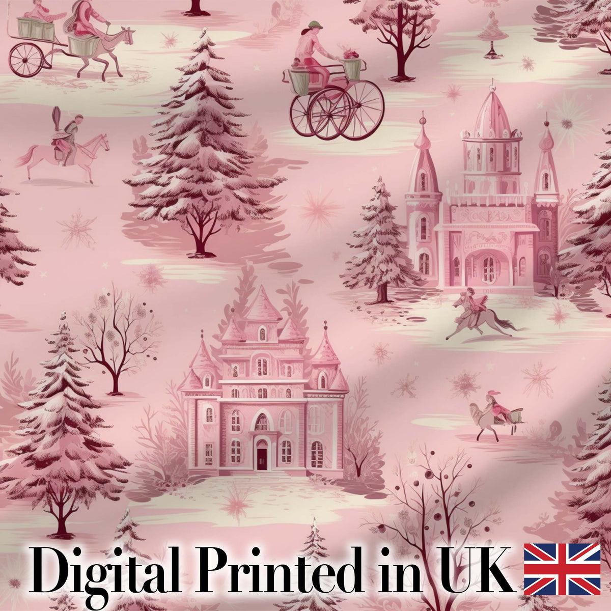 Vintage Pink Winter Village Scenic Seamless Pattern Digital Print Fabric by the Metre UK Sewing Quilting Textile