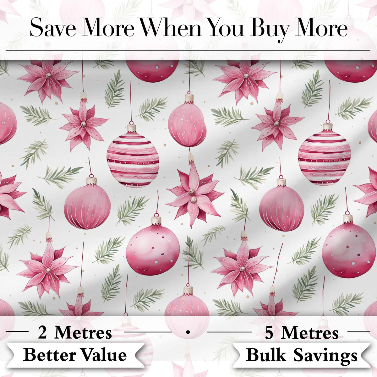Watercolor Pink Christmas Baubles Poinsettia Floral Seamless Pattern Digital Print Fabric by the Metre UK Sewing Quilting Textile