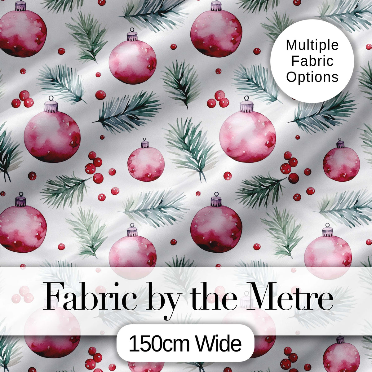 Watercolor Pink Baubles Pine Branches Berry Christmas Seamless Pattern Digital Print Fabric by the Metre UK Sewing Quilting Textile