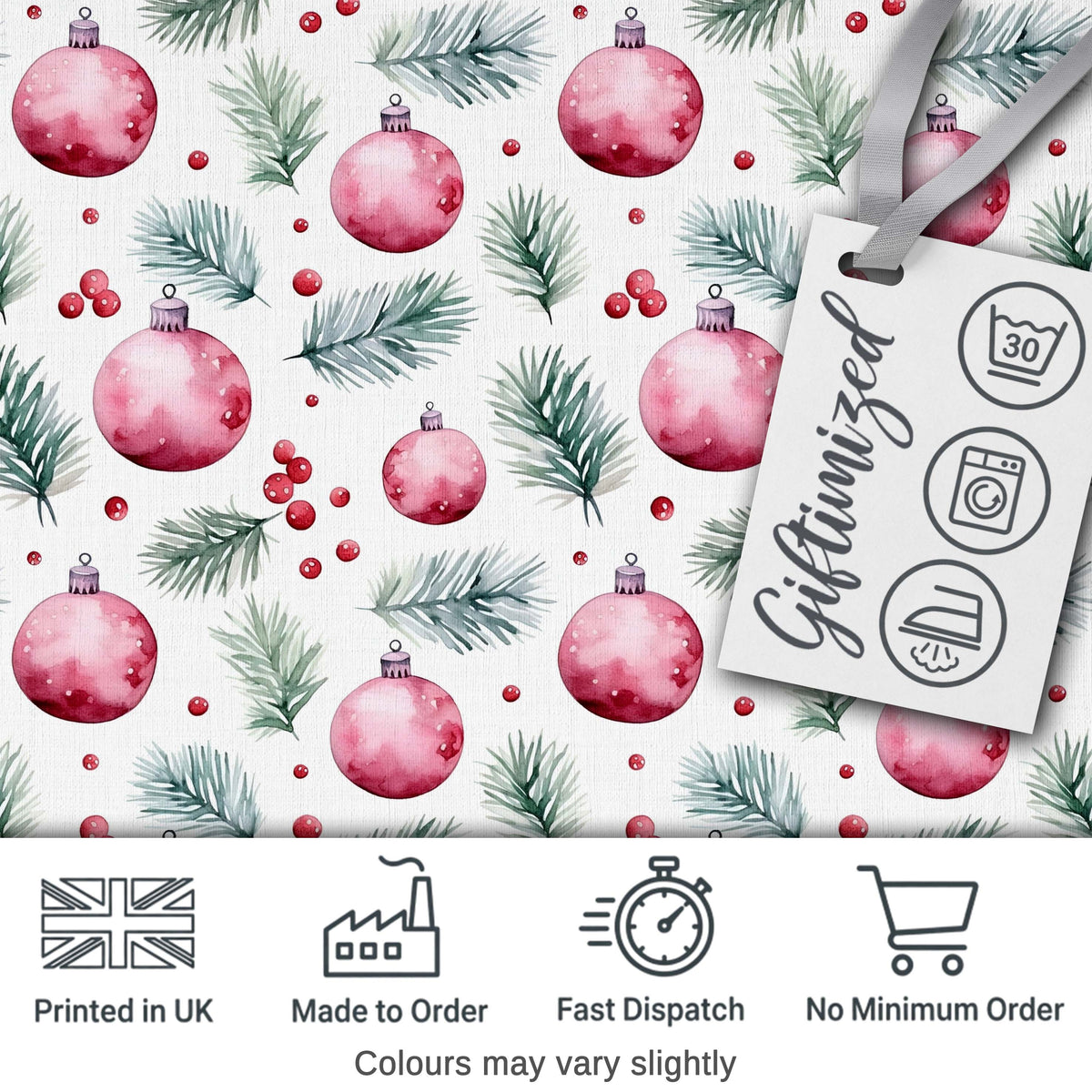 Watercolor Pink Baubles Pine Branches Berry Christmas Seamless Pattern Digital Print Fabric by the Metre UK Sewing Quilting Textile