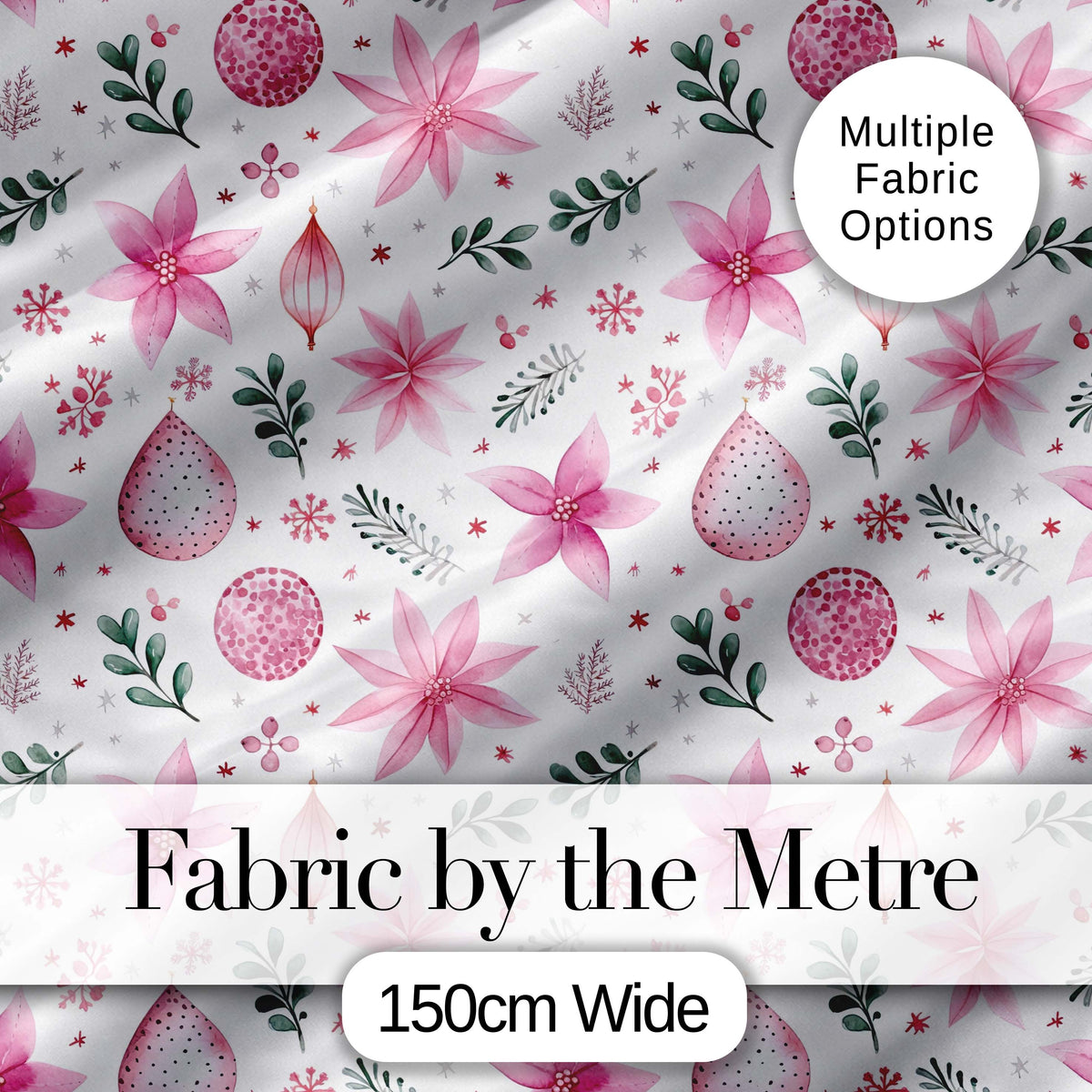 Soft Pink Floral Christmas Elements Ornaments Seamless Pattern Digital Print Fabric by the Metre UK Sewing Quilting Textile
