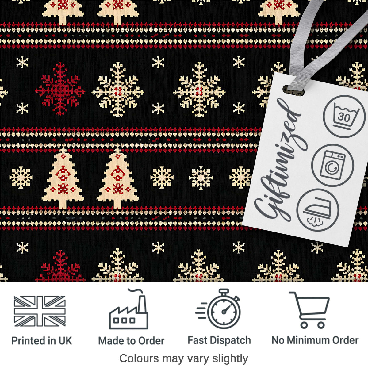 Black Red Nordic Christmas Tree Snowflake Knit Seamless Pattern Digital Print Fabric by the Metre UK Sewing Quilting Textile