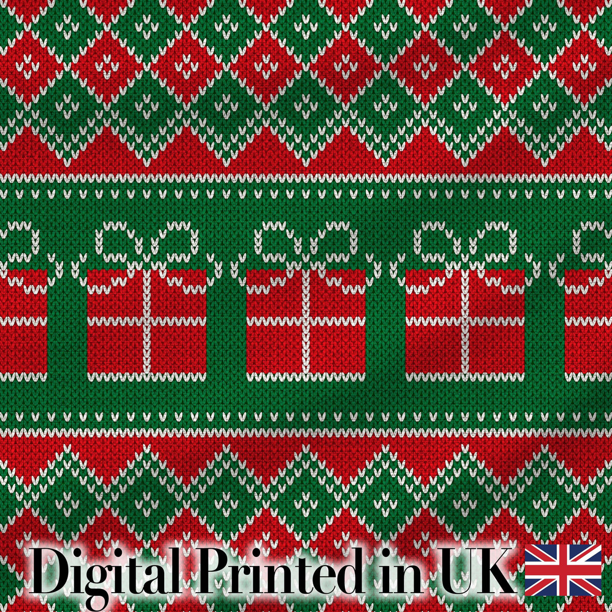 Green Christmas Gift Box Knitted Fair Isle Seamless Pattern Digital Print Fabric by the Metre UK Sewing Quilting Textile