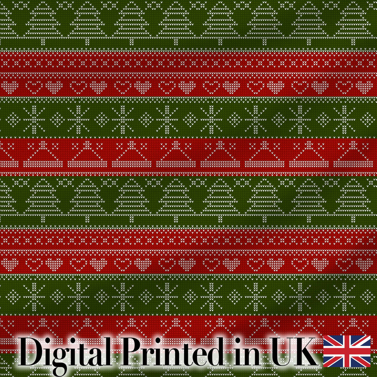 Green Red Nordic Christmas Tree Snowflake Fair Isle Seamless Pattern Digital Print Fabric by the Metre UK Sewing Quilting Textile