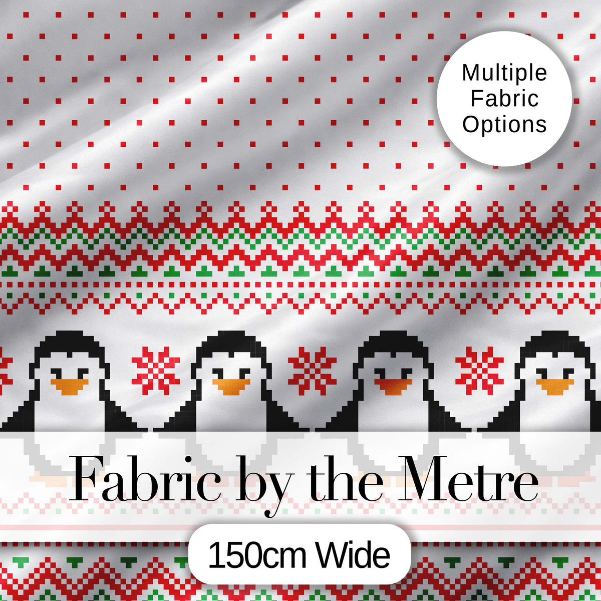 White Red Green Nordic Penguin Snowflake Knit Seamless Pattern Digital Print Fabric by the Metre UK Sewing Quilting Textile