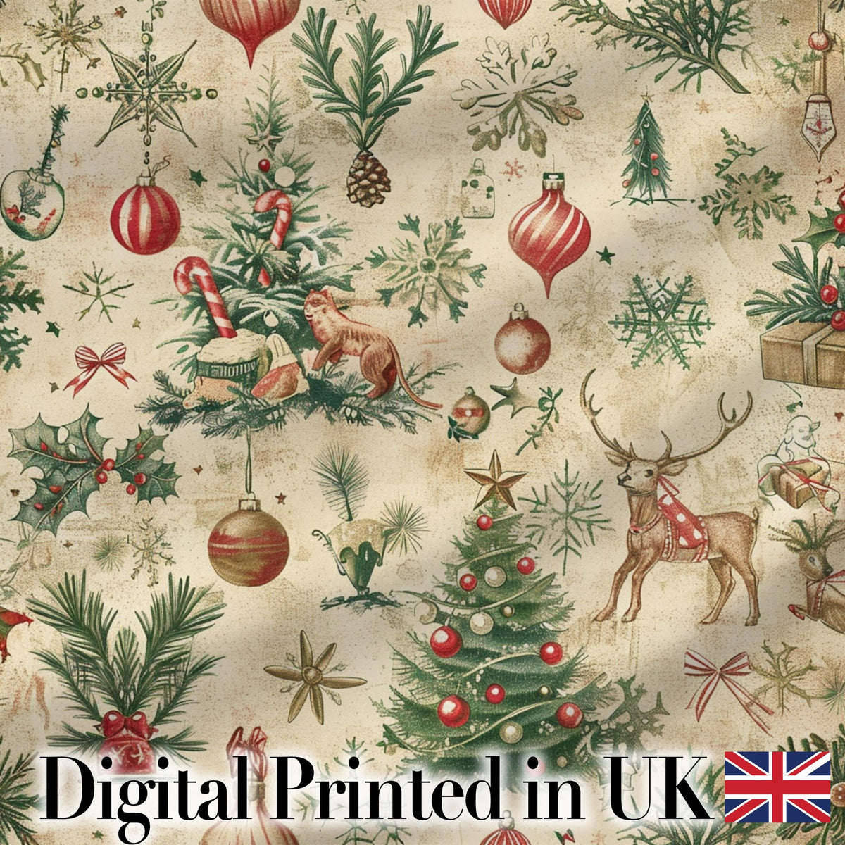 Vintage Christmas Reindeer Tree Ornament Woodland Seamless Pattern Digital Print Fabric by the Metre UK Sewing Quilting Textile
