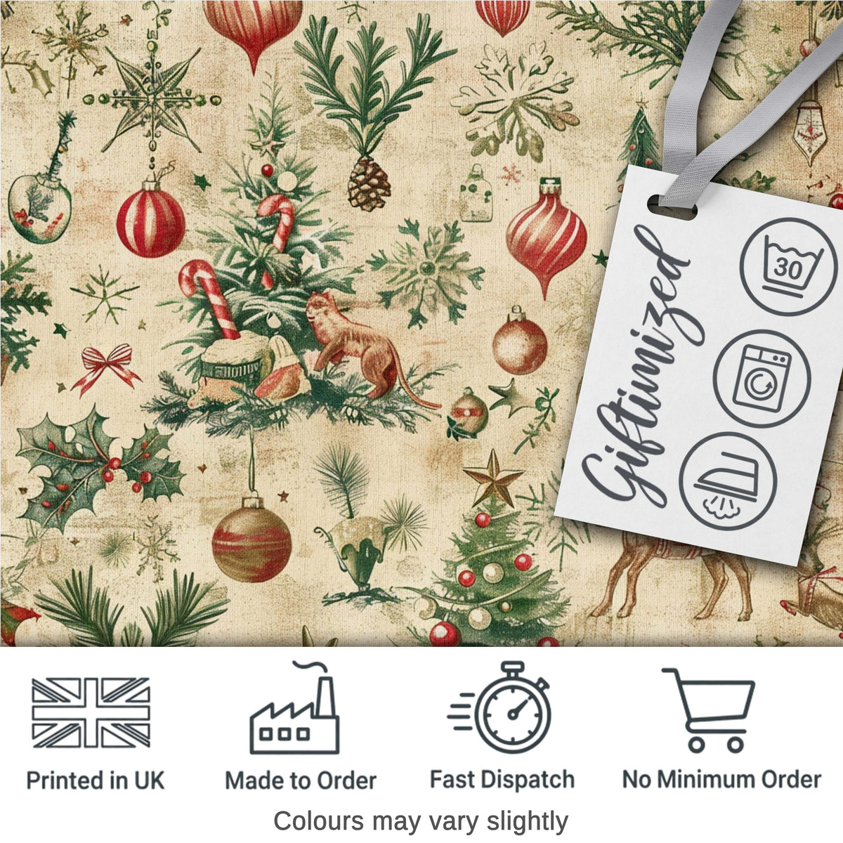 Vintage Christmas Reindeer Tree Ornament Woodland Seamless Pattern Digital Print Fabric by the Metre UK Sewing Quilting Textile
