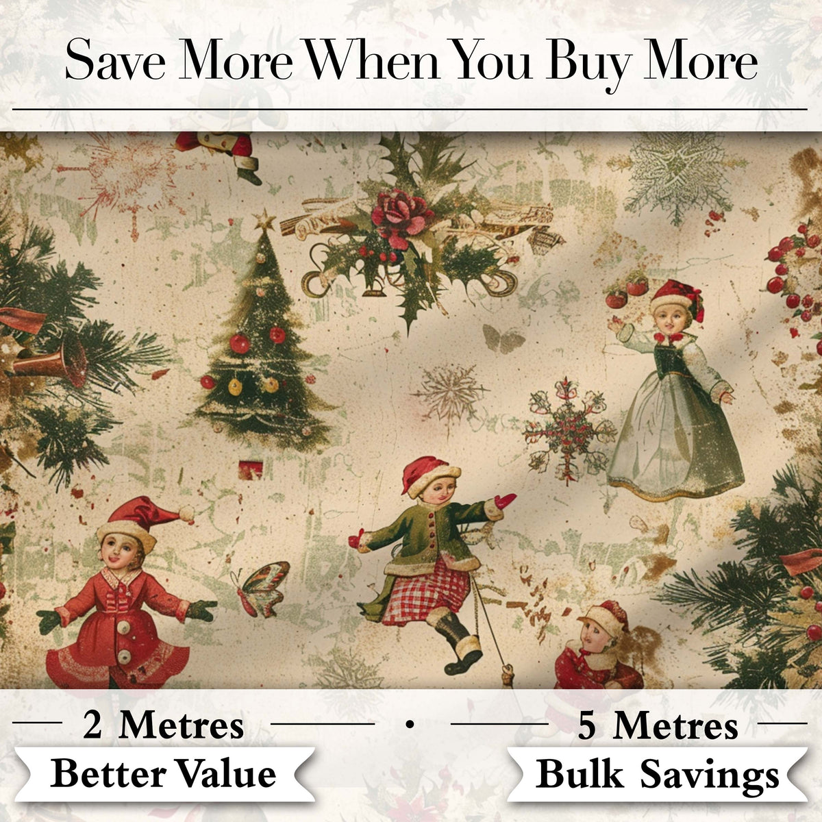 Vintage Christmas Children Tree Holiday Festive Seamless Pattern Digital Print Fabric by the Metre UK Sewing Quilting Textile