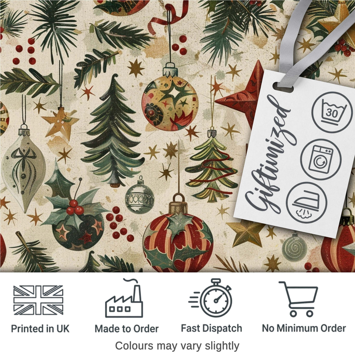 Christmas Ornament Star Pine Branch Festive Seamless Pattern Digital Print Fabric by the Metre UK Sewing Quilting Textile