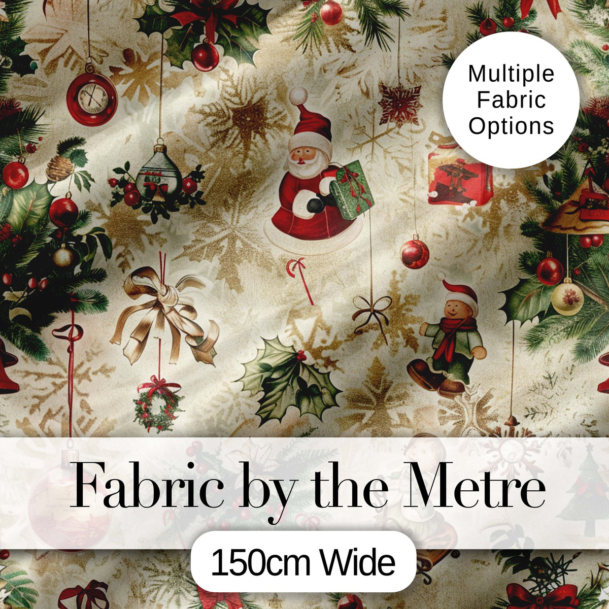 Classic Christmas Santa Gift Holly Snowflake Seamless Pattern Digital Print Fabric by the Metre UK Sewing Quilting Textile