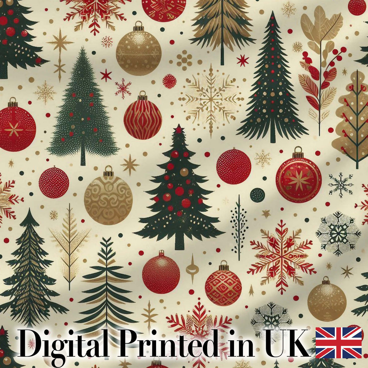 Elegant Christmas Tree Snowflake Bauble Festive Seamless Pattern Digital Print Fabric by the Metre UK Sewing Quilting Textile