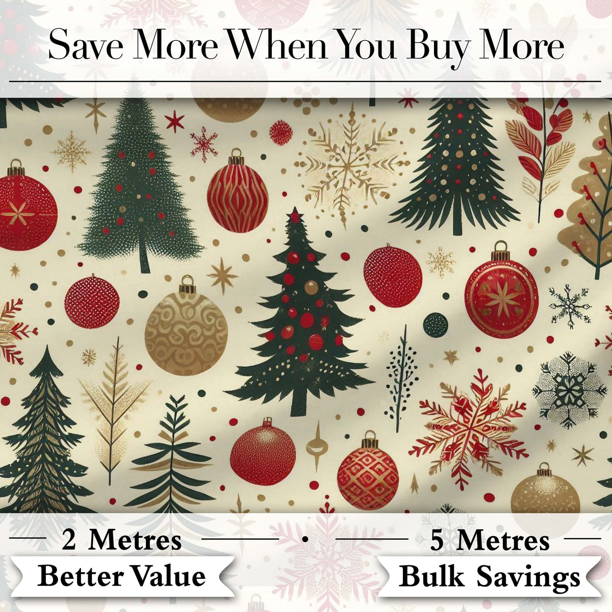 Elegant Christmas Tree Snowflake Bauble Festive Seamless Pattern Digital Print Fabric by the Metre UK Sewing Quilting Textile