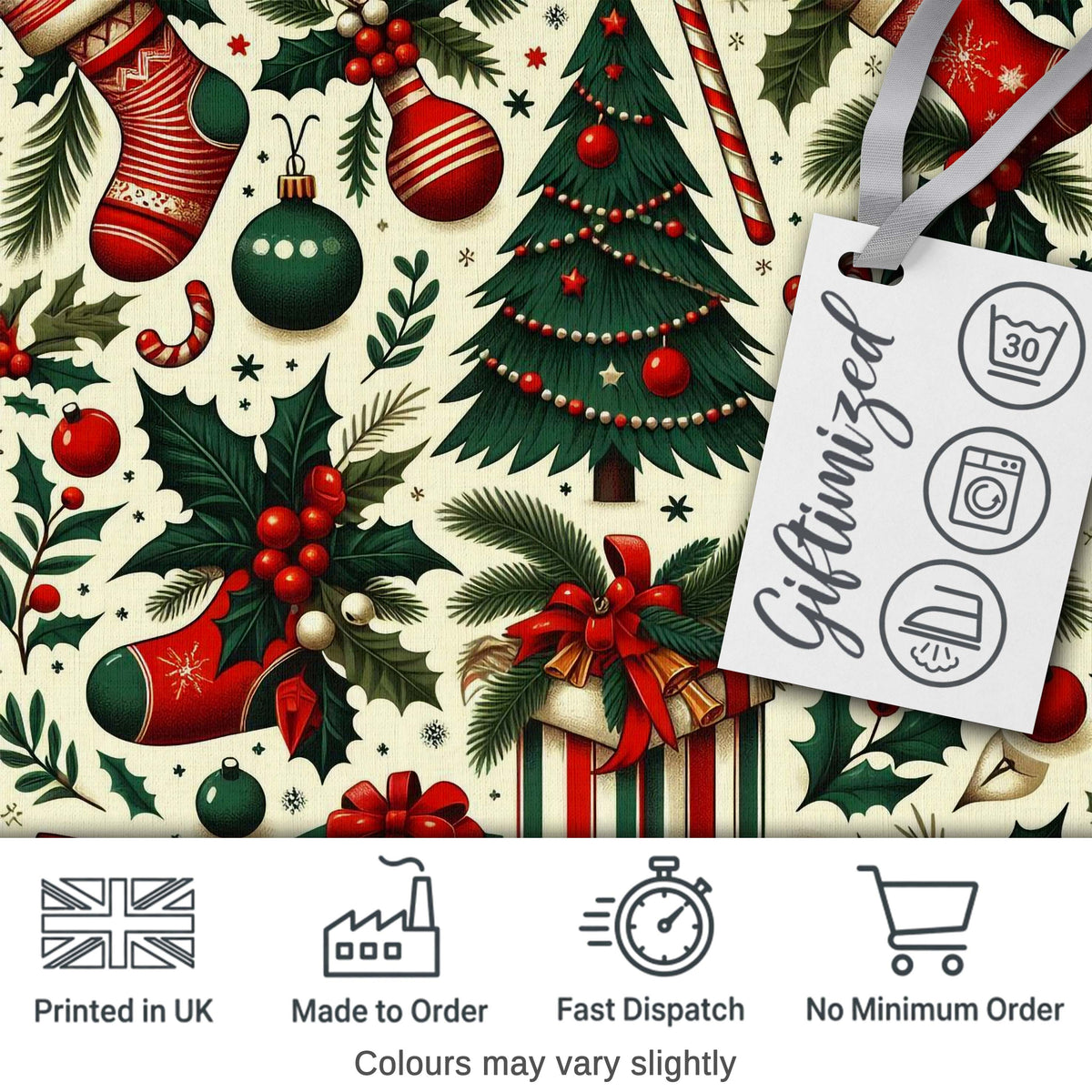 Classic Christmas Tree Gift Holly Berry Festive Seamless Pattern Digital Print Fabric by the Metre UK Sewing Quilting Textile