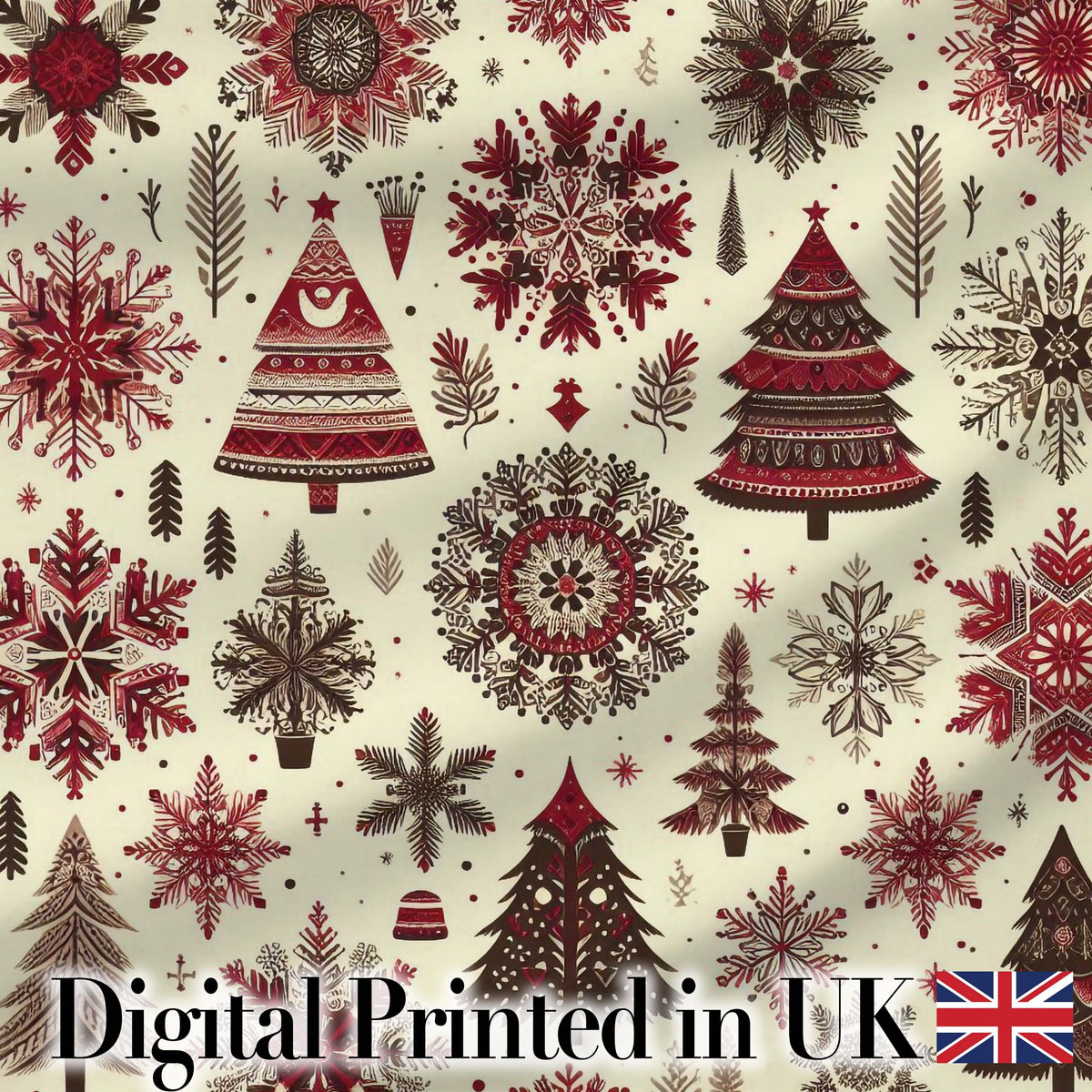 Red Christmas Snowflake Tree Folk Art Winter Seamless Pattern Digital Print Fabric by the Metre UK Sewing Quilting Textile