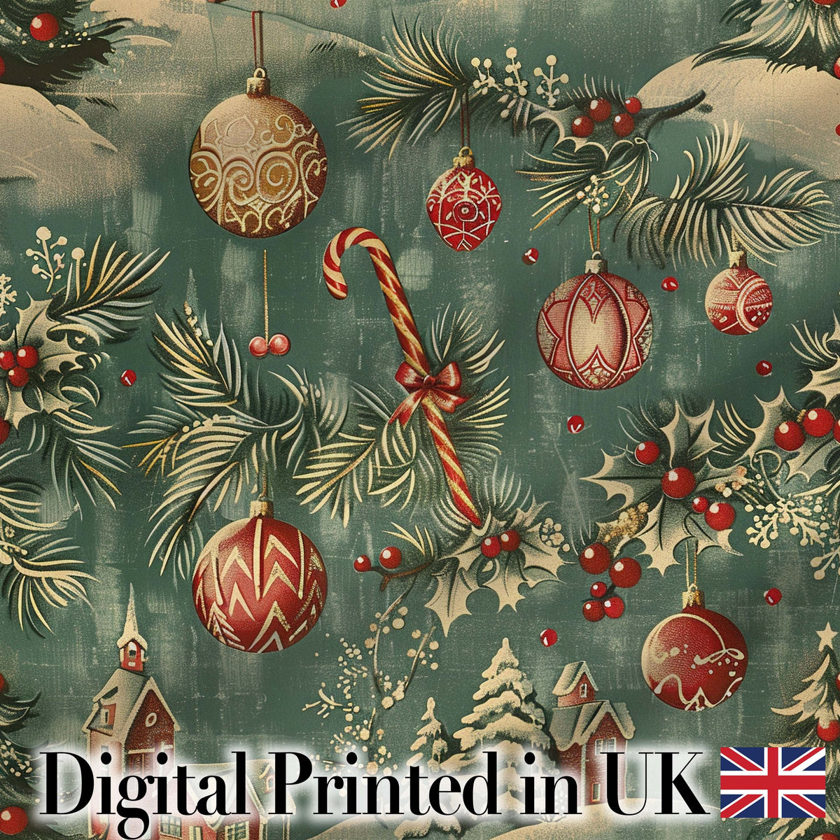 Vintage Christmas Ornament Holly Candy Cane Festive Seamless Pattern Digital Print Fabric by the Metre UK Sewing Quilting Textile