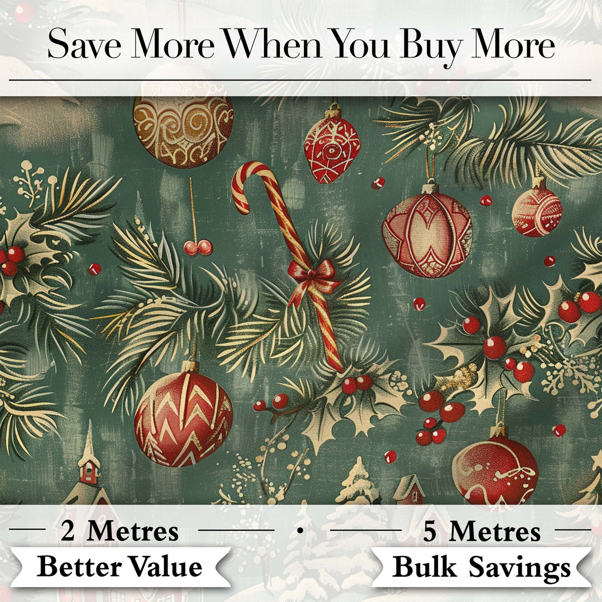 Vintage Christmas Ornament Holly Candy Cane Festive Seamless Pattern Digital Print Fabric by the Metre UK Sewing Quilting Textile