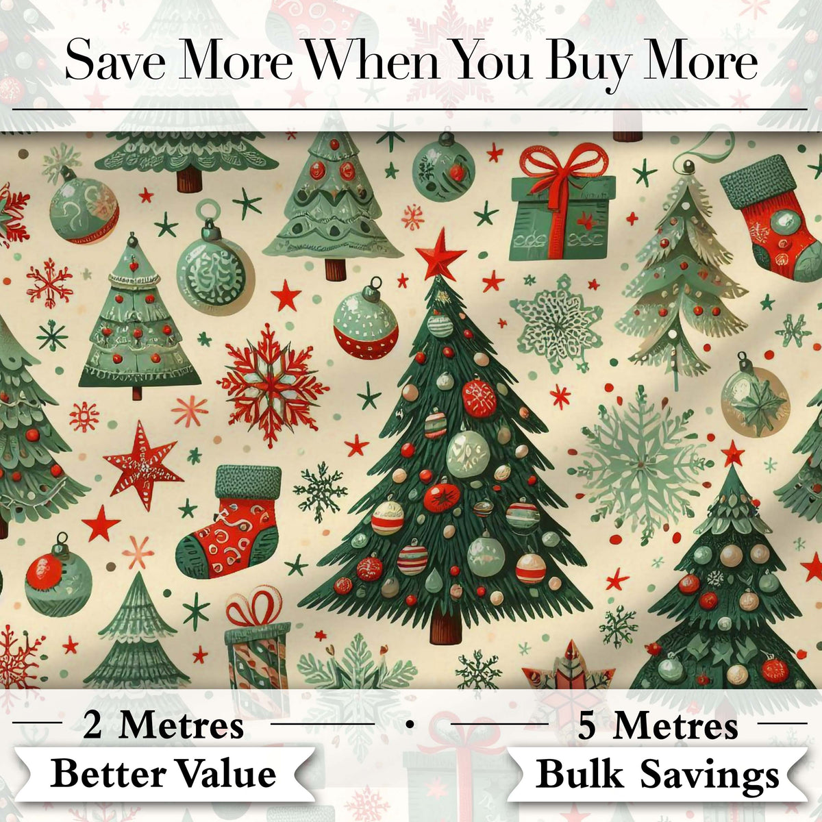 Christmas Tree Snowflake Ornament Holiday Festive Seamless Pattern Digital Print Fabric by the Metre UK Sewing Quilting Textile