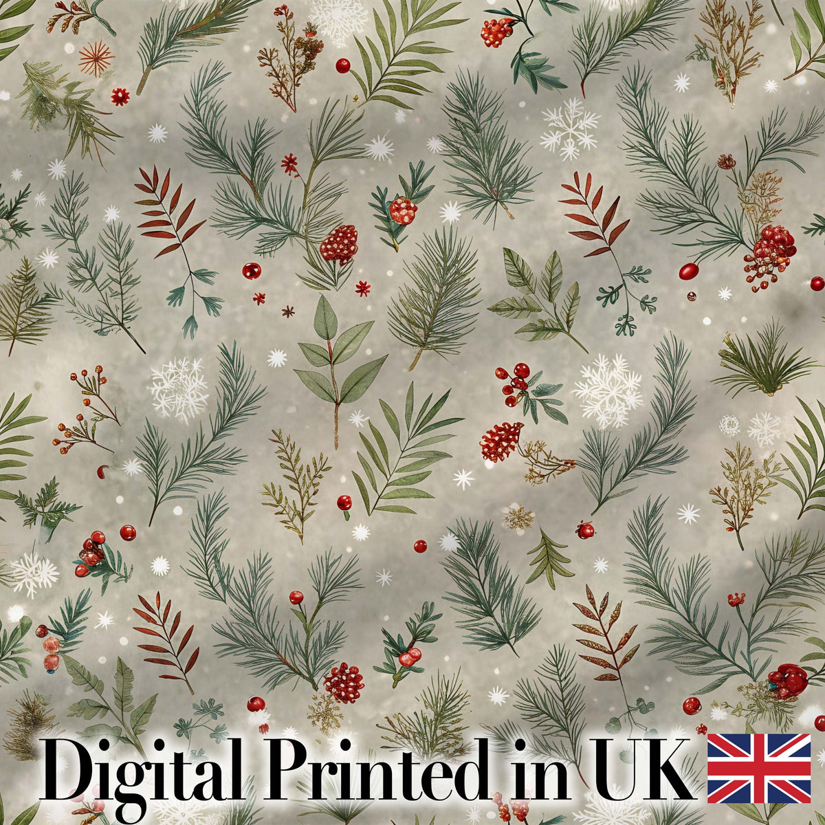 Winter Botanical Pine Branch Berry Snowflake Seamless Pattern Digital Print Fabric by the Metre UK Sewing Quilting Textile