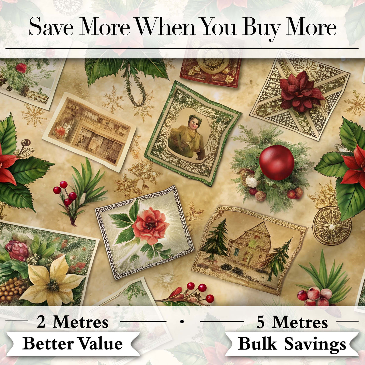 Vintage Christmas Collage Postcard Floral Bauble Festive Seamless Pattern Digital Print Fabric by the Metre UK Sewing Quilting Textile