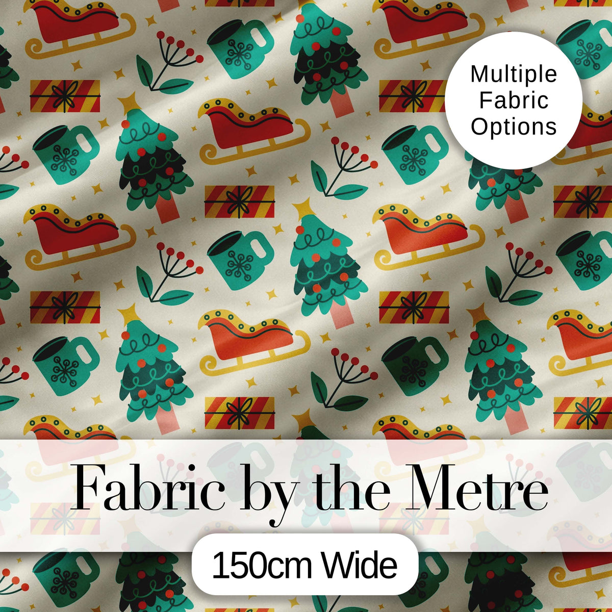 Modern Christmas Sleigh Tree Gift Flat Design Seamless Pattern Digital Print Fabric by the Metre UK Sewing Quilting Textile
