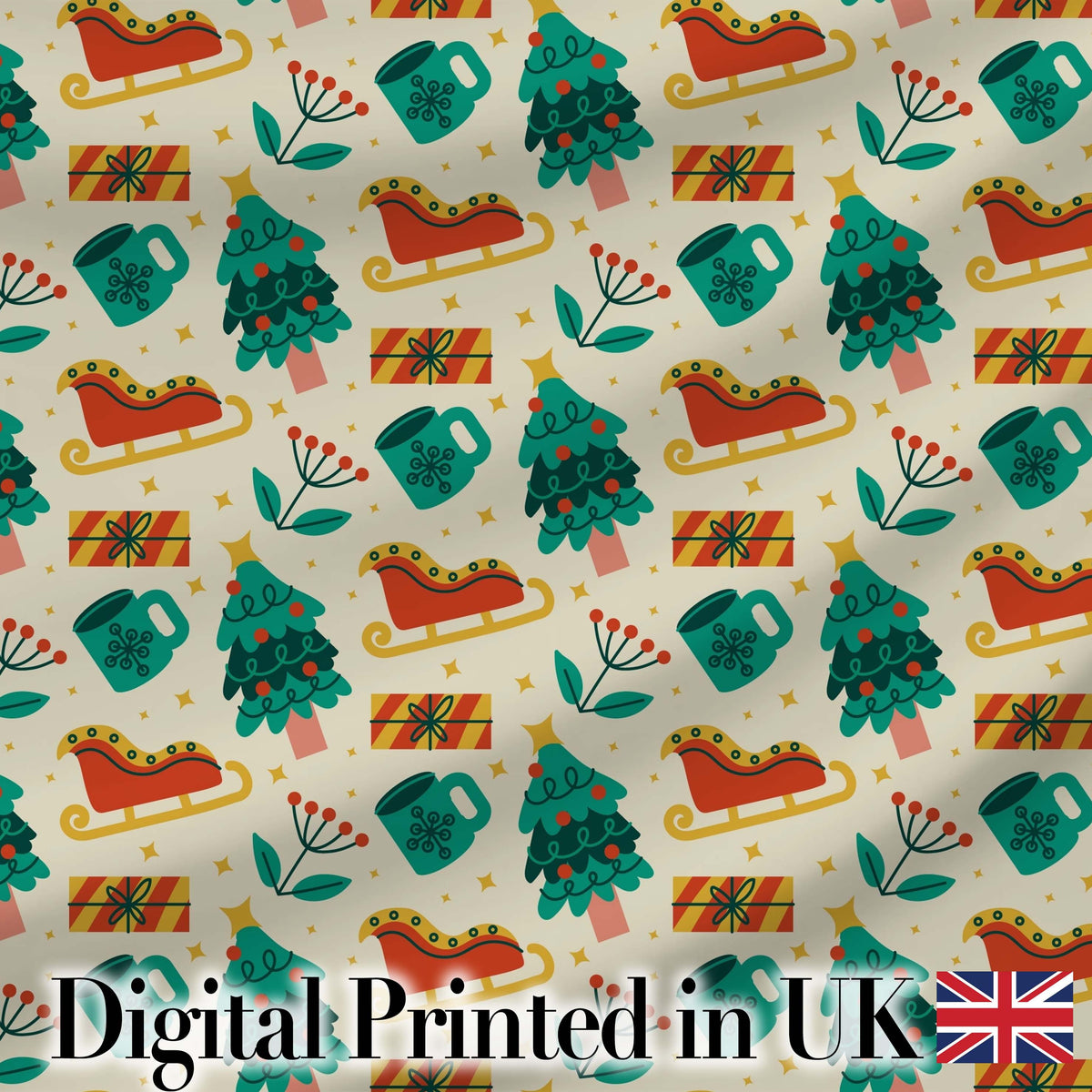 Modern Christmas Sleigh Tree Gift Flat Design Seamless Pattern Digital Print Fabric by the Metre UK Sewing Quilting Textile