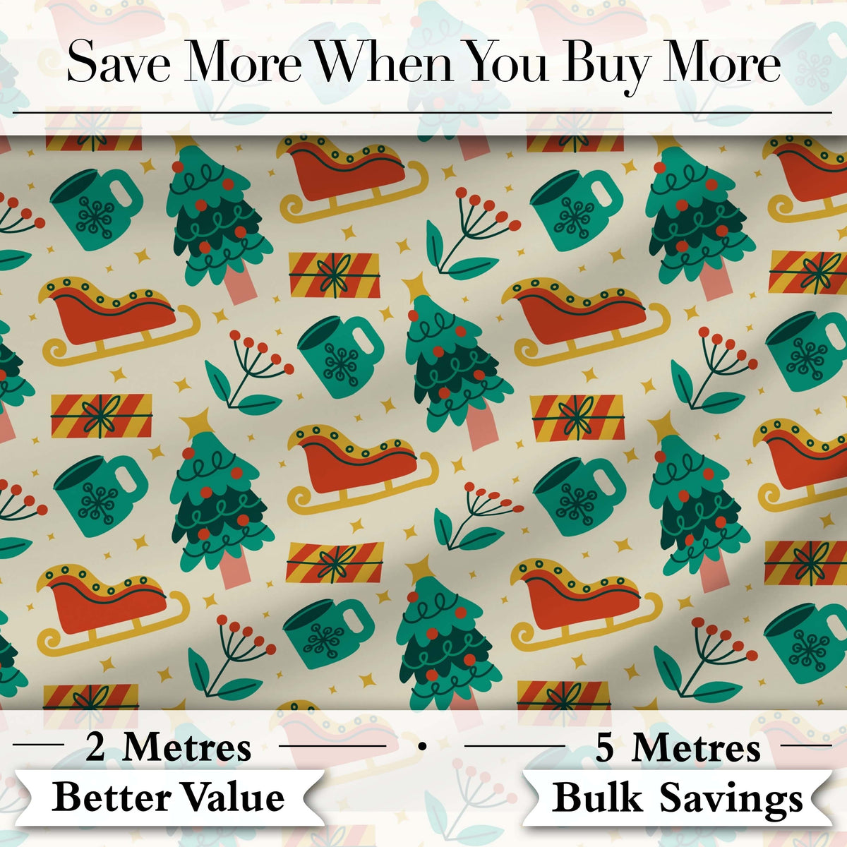 Modern Christmas Sleigh Tree Gift Flat Design Seamless Pattern Digital Print Fabric by the Metre UK Sewing Quilting Textile