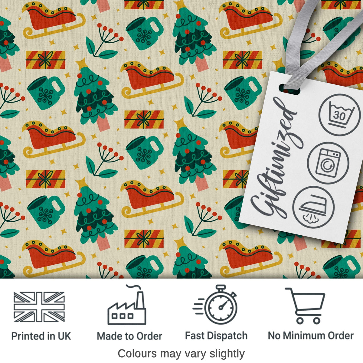 Modern Christmas Sleigh Tree Gift Flat Design Seamless Pattern Digital Print Fabric by the Metre UK Sewing Quilting Textile