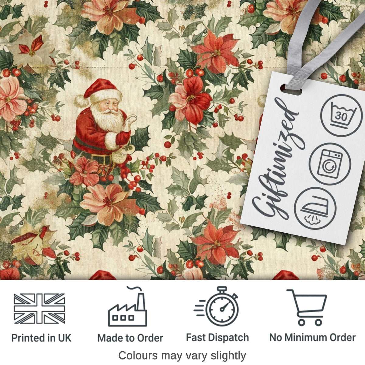 Vintage Santa Claus Holly Floral Christmas Seamless Pattern Digital Print Fabric by the Metre UK Sewing Quilting Textile