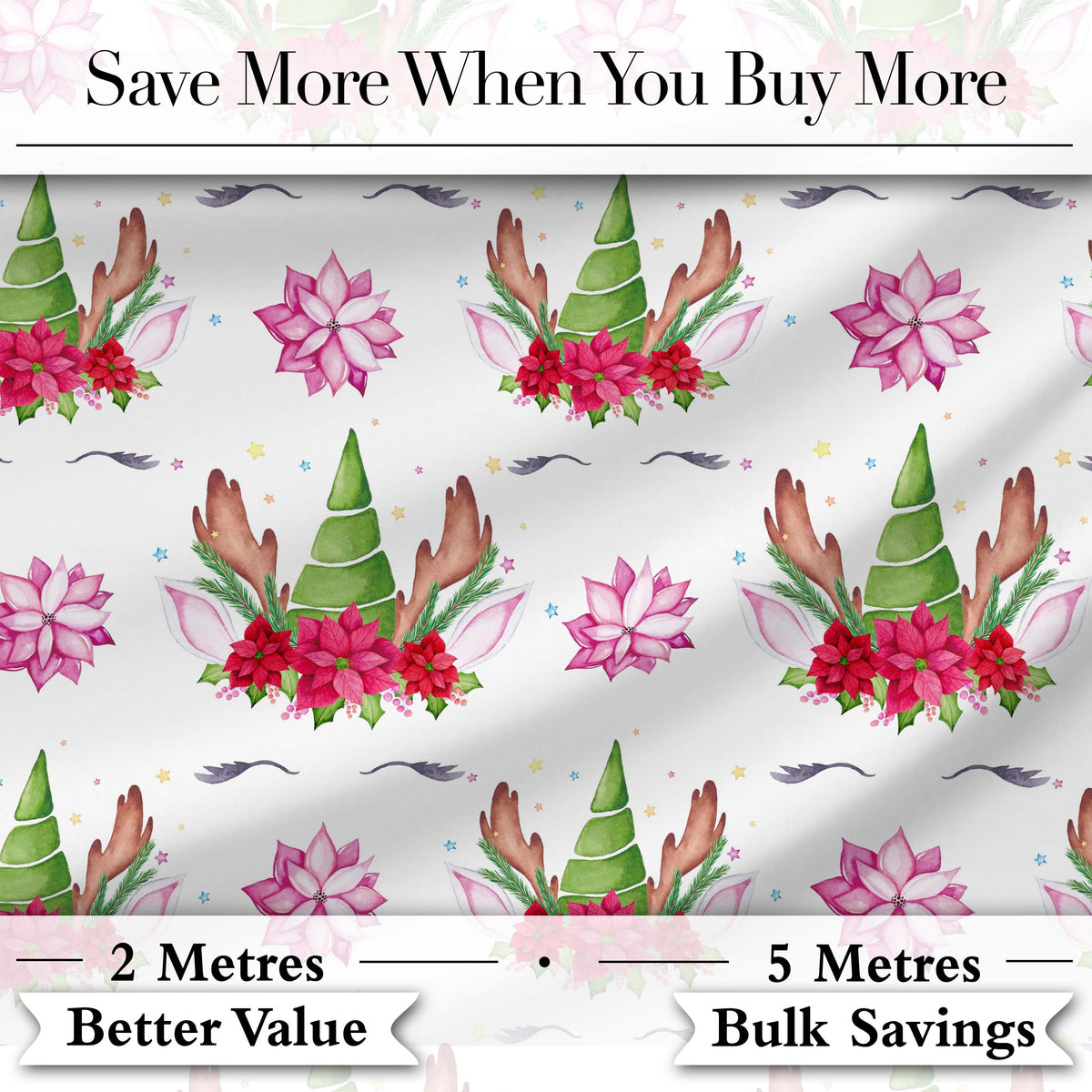 Cute Christmas Unicorn Antlers Floral Fantasy Seamless Pattern Digital Print Fabric by the Metre UK Sewing Quilting Textile