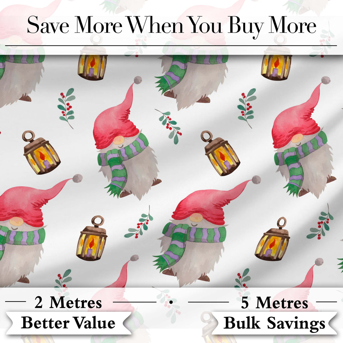 Cute Christmas Gnome Lantern Winter Holiday Seamless Pattern Digital Print Fabric by the Metre UK Sewing Quilting Textile