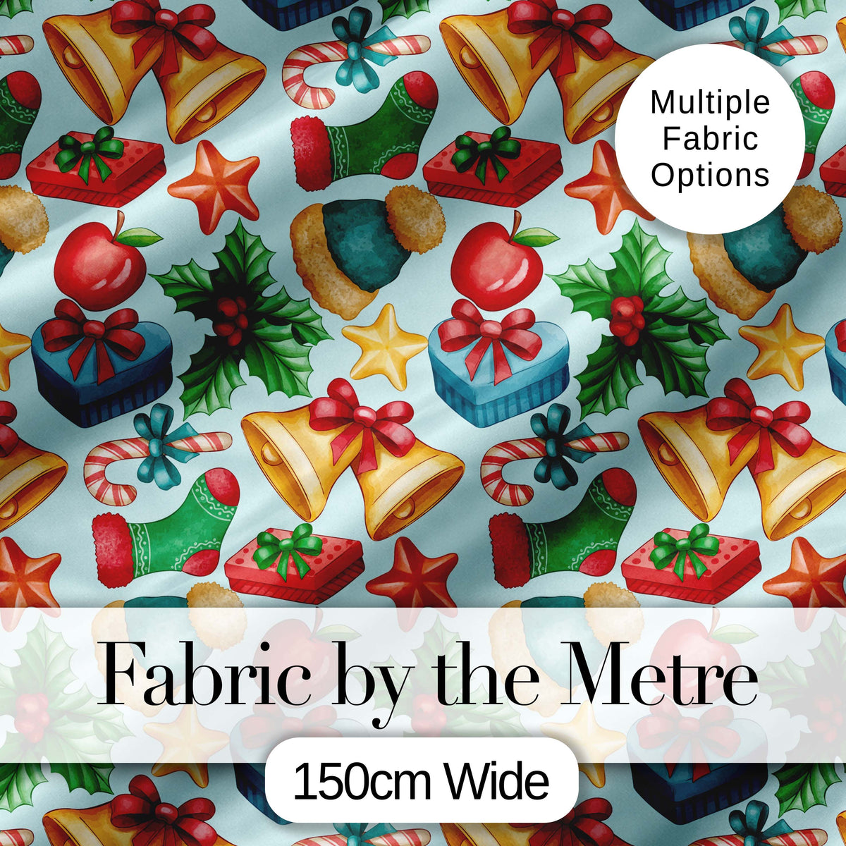 Bright Christmas Gift Bell Apple Festive Seamless Pattern Digital Print Fabric by the Metre UK Sewing Quilting Textile