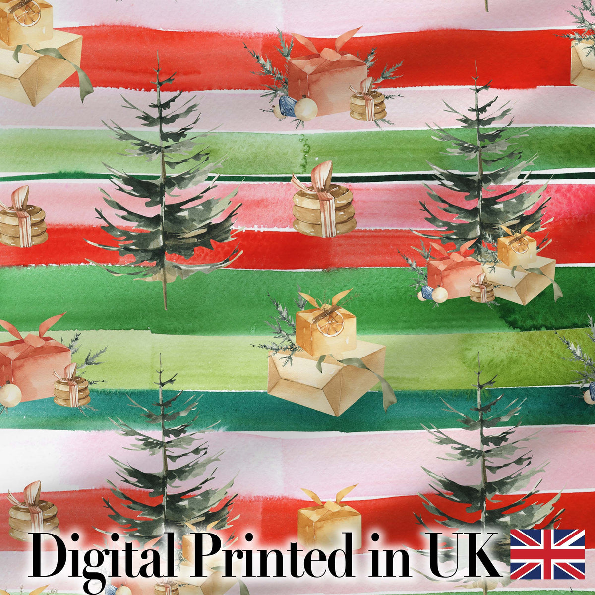 Watercolor Christmas Gift Boxes Pine Trees Striped Holiday Seamless Pattern Digital Print Fabric by the Metre UK Sewing Quilting Textile