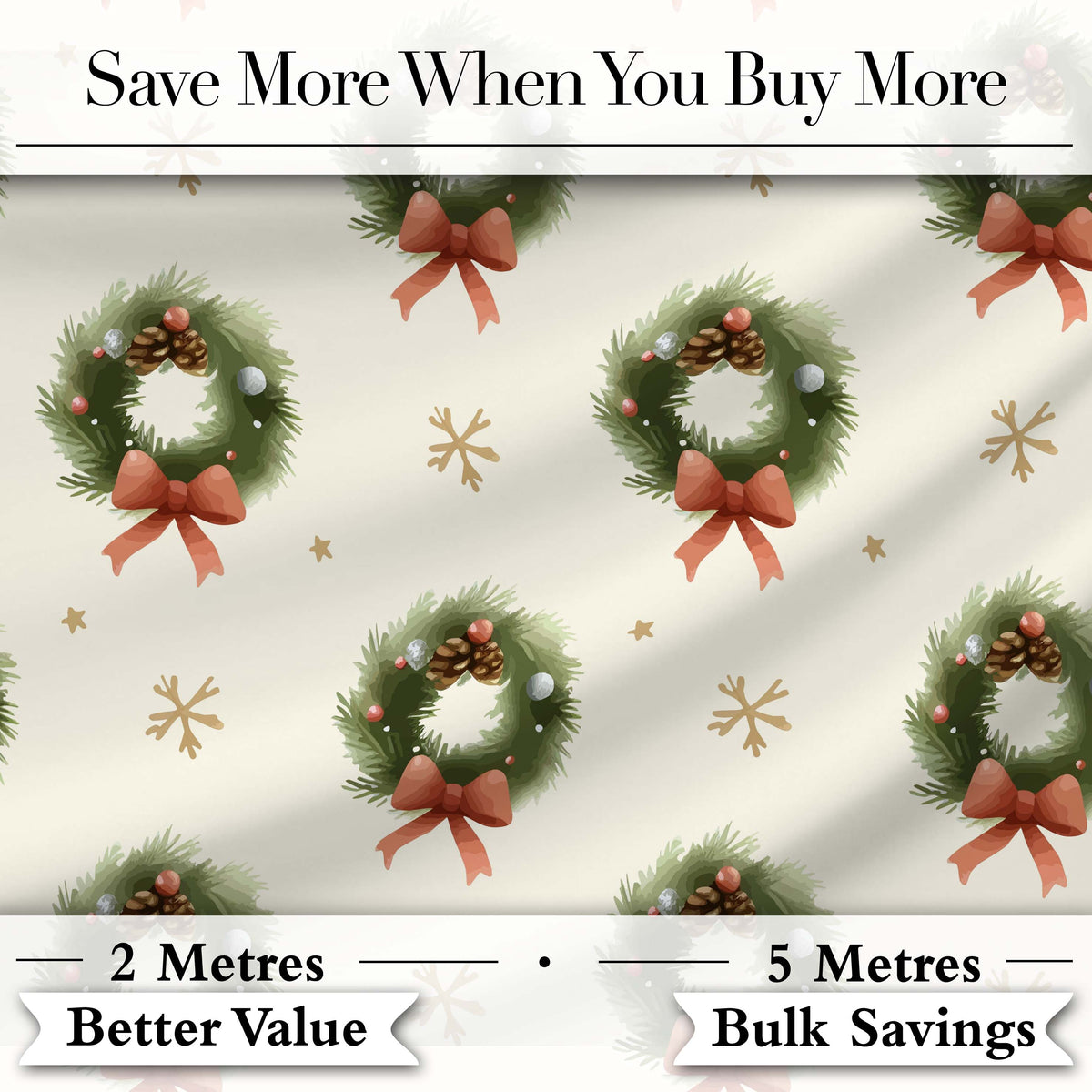 Festive Christmas Wreath Pinecone Ribbon Snowflake Seamless Pattern Digital Print Fabric by the Metre UK Sewing Quilting Textile