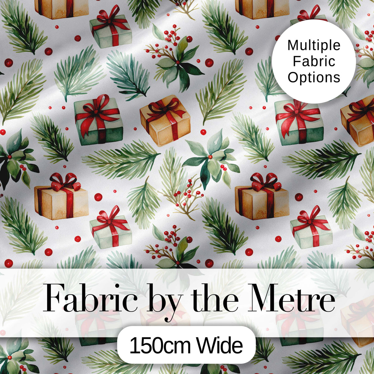 Watercolor Pine Branch Gift Box Holly Berry Christmas Seamless Pattern Digital Print Fabric by the Metre UK Sewing Quilting Textile