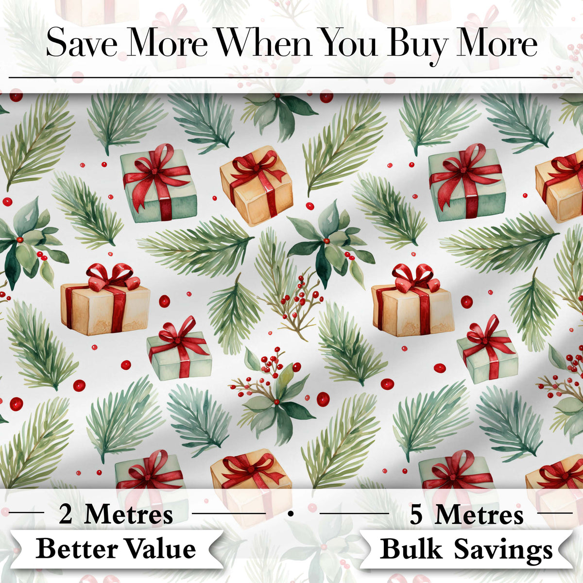 Watercolor Pine Branch Gift Box Holly Berry Christmas Seamless Pattern Digital Print Fabric by the Metre UK Sewing Quilting Textile
