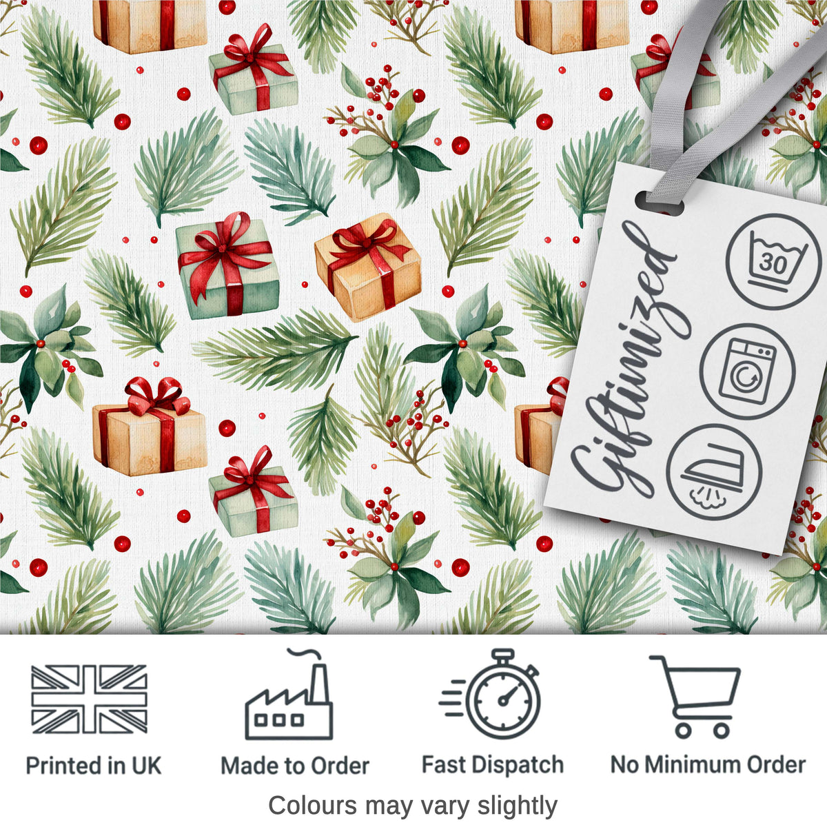Watercolor Pine Branch Gift Box Holly Berry Christmas Seamless Pattern Digital Print Fabric by the Metre UK Sewing Quilting Textile