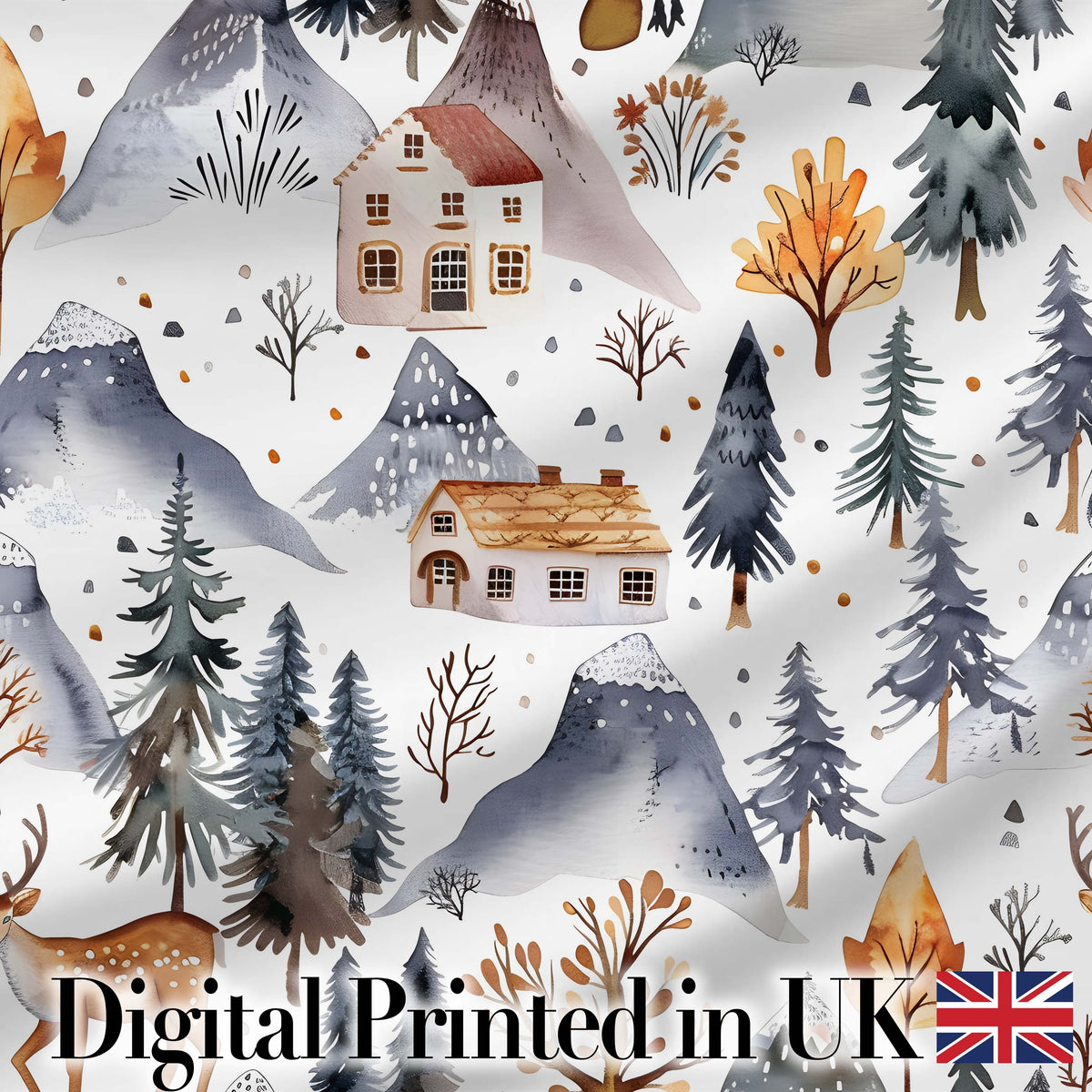 Winter Mountain Cabin Forest Snow Landscape Seamless Pattern Digital Print Fabric by the Metre UK Sewing Quilting Textile