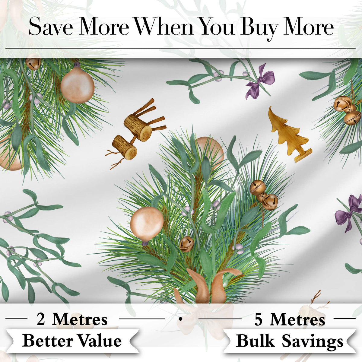 Elegant Christmas Pine Branch Mistletoe Ornament Bells Seamless Pattern Digital Print Fabric by the Metre UK Sewing Quilting Textile