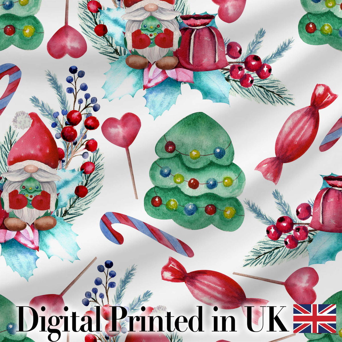 Whimsical Christmas Gnome Tree Candy Sweet Holiday Seamless Pattern Digital Print Fabric by the Metre UK Sewing Quilting Textile