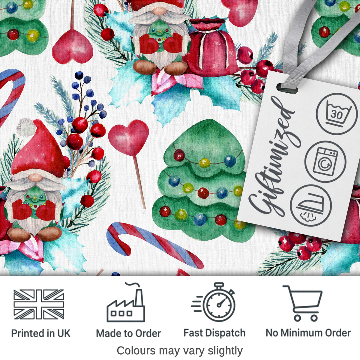 Whimsical Christmas Gnome Tree Candy Sweet Holiday Seamless Pattern Digital Print Fabric by the Metre UK Sewing Quilting Textile