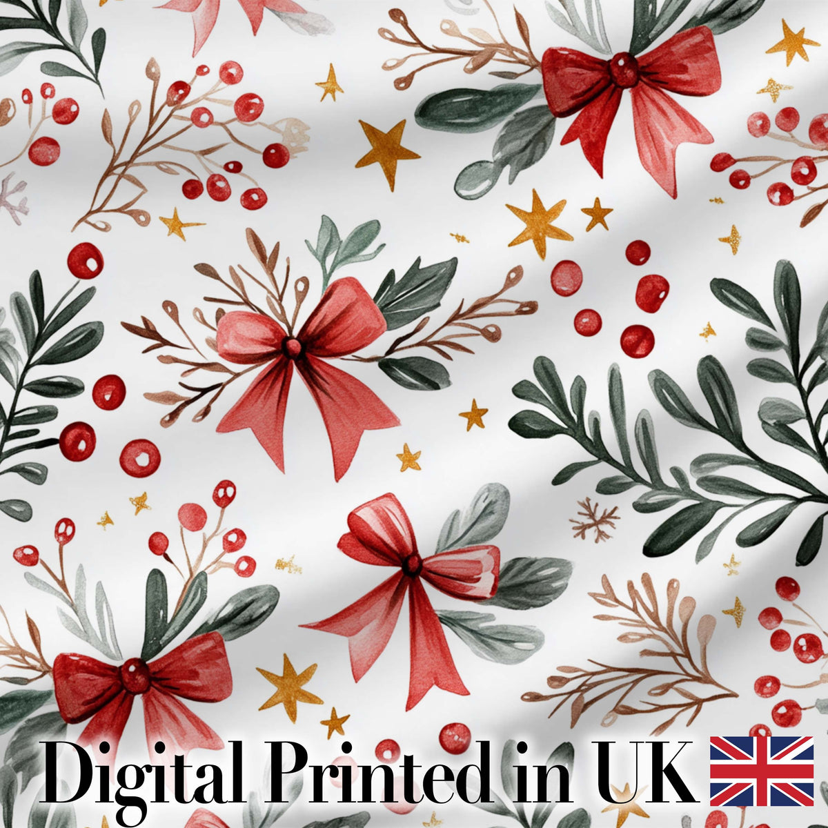 Watercolor Christmas Bow Berry Branch Festive Seamless Pattern Digital Print Fabric by the Metre UK Sewing Quilting Textile