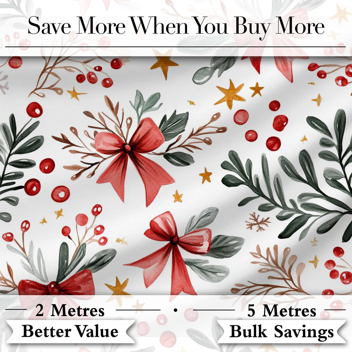 Watercolor Christmas Bow Berry Branch Festive Seamless Pattern Digital Print Fabric by the Metre UK Sewing Quilting Textile